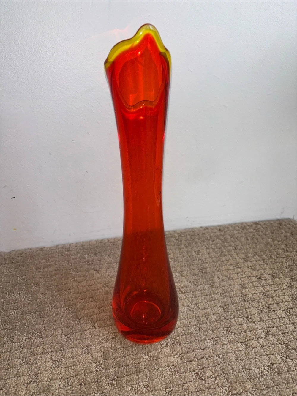 Vintage Viking glass orange Bud Vase with Yellow scalloped Rim